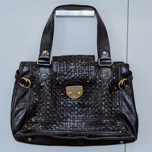 Elliott Lucca Chic Woven Leather Satchel Shoulder Bag Chocolate Espresso Brown